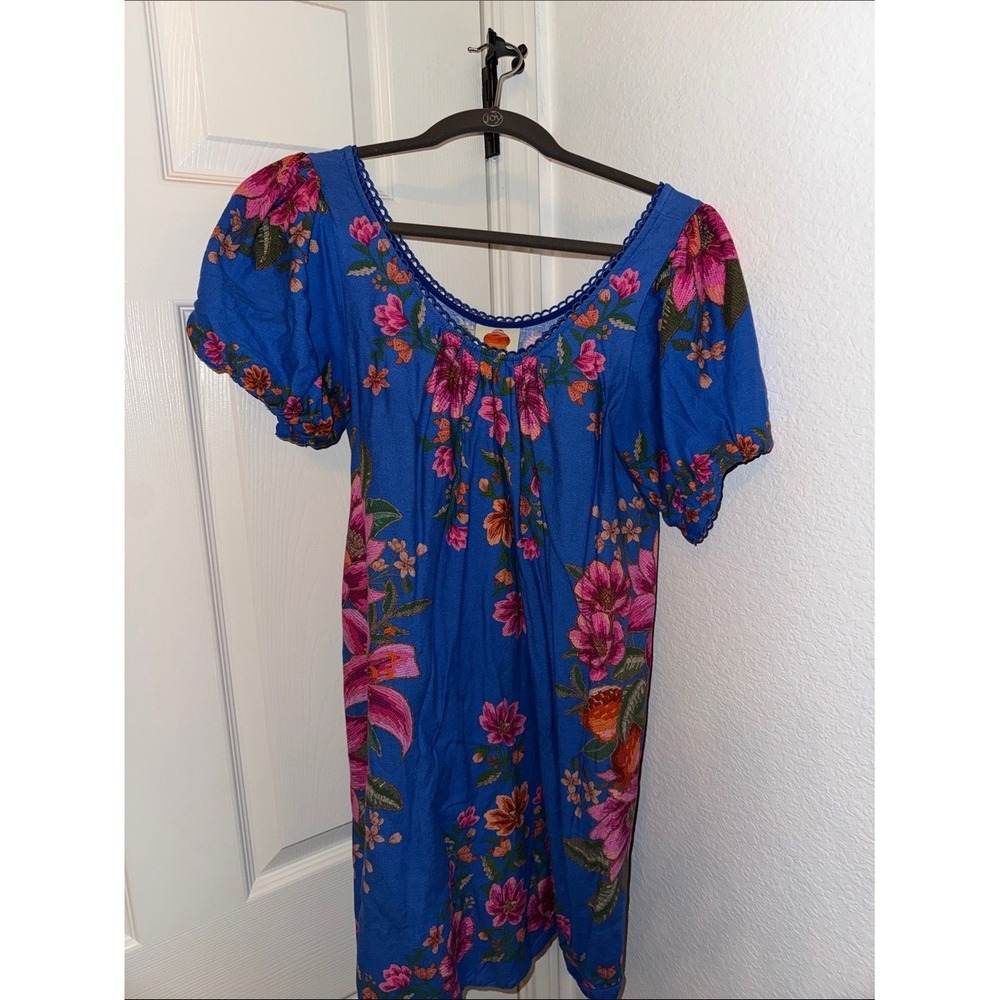FARM Rio Blue Floral Puff Sleeve Mini Dress with Pink Blooms - Picture 4 of 4